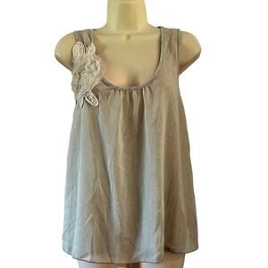 SushiFlower L Cream & Gray Chiffon/ Knit Sleeveless Blouse Embellished Y2K